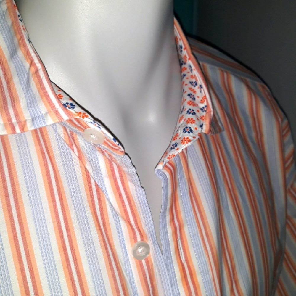 Proper Cloth mens orange and blue striped cotton shirt. XL